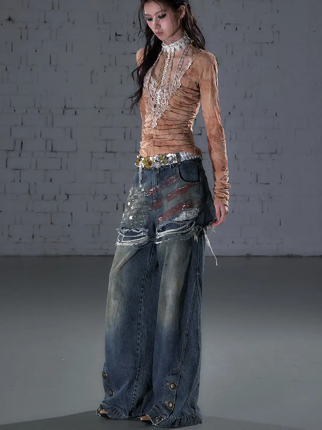 NO ROMANCE | Printed Fake Two-Piece Wide Leg Jeans