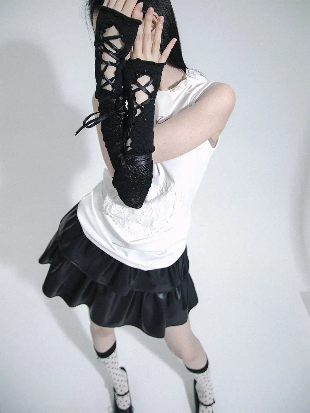 SS2L | Lace Trim Spliced Lace-Up Sun Protection Arm Sleeves
