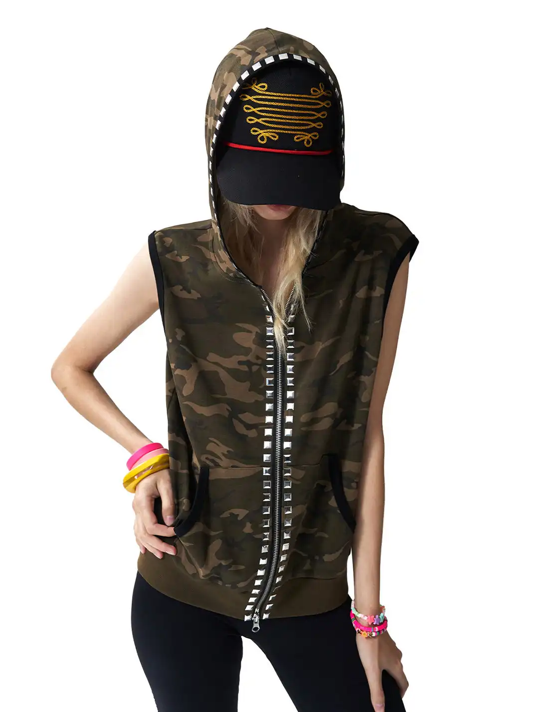 NumbAsia | Camouflage Rivet Rhinestone Hooded Tank Top T-Shirt