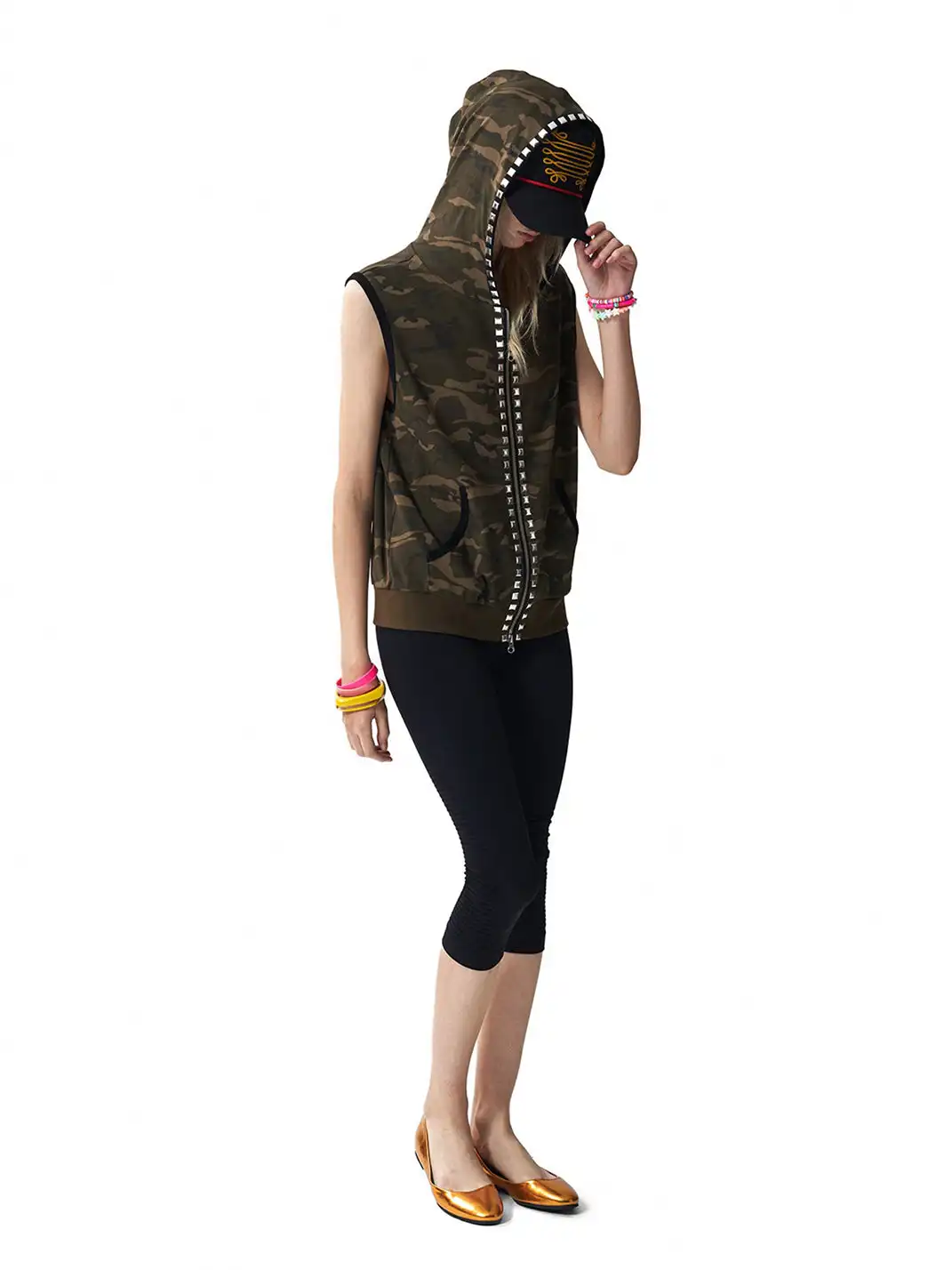 NumbAsia | Camouflage Rivet Rhinestone Hooded Tank Top T-Shirt