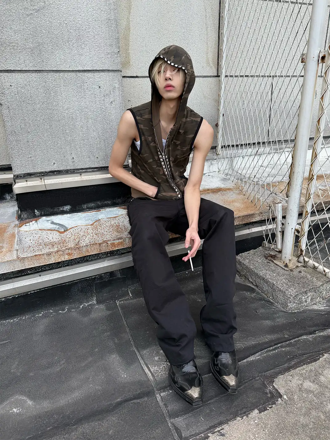 NumbAsia | Camouflage Rivet Rhinestone Hooded Tank Top T-Shirt