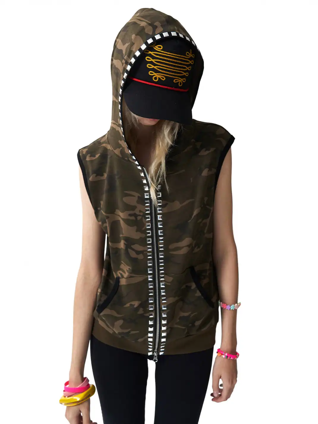 NumbAsia | Camouflage Rivet Rhinestone Hooded Tank Top T-Shirt