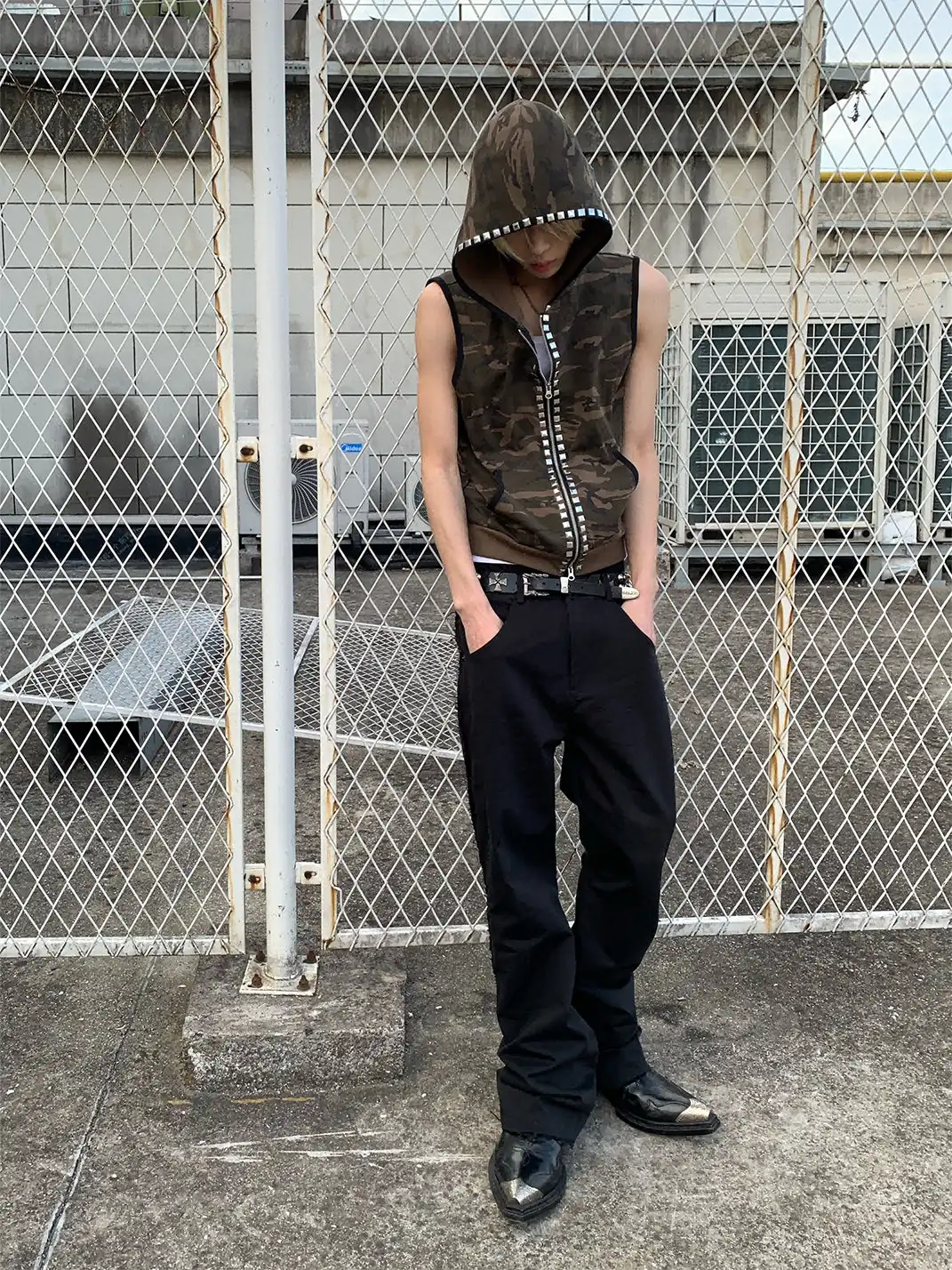 NumbAsia | Camouflage Rivet Rhinestone Hooded Tank Top T-Shirt