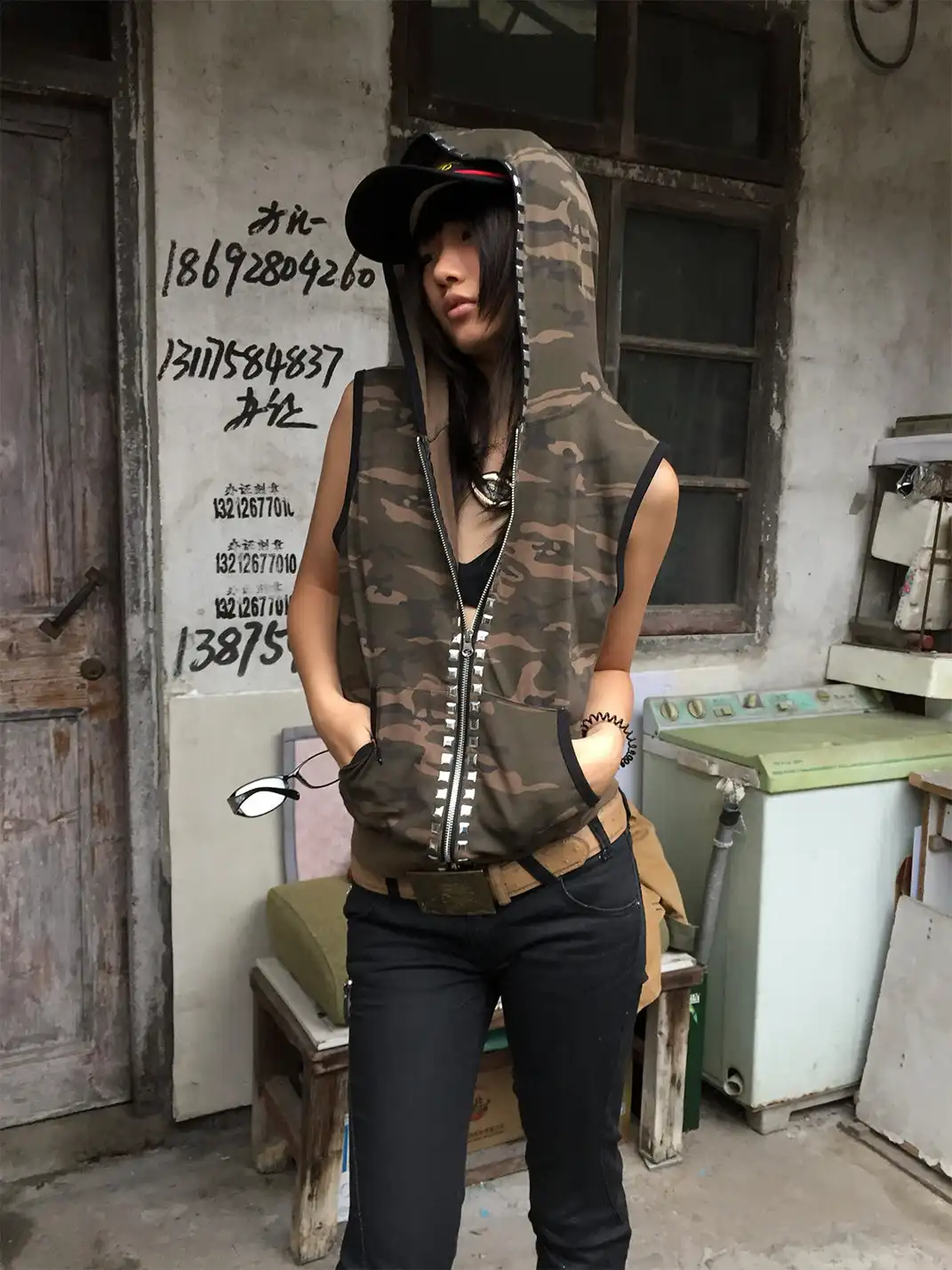 NumbAsia | Camouflage Rivet Rhinestone Hooded Tank Top T-Shirt