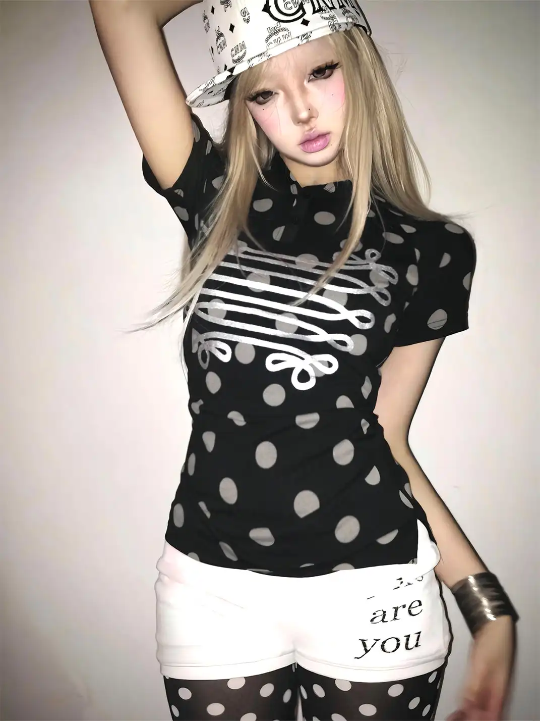 NumbAsia | Polka Dot Silver Foil Printed Hooded Short Sleeve T-Shirt