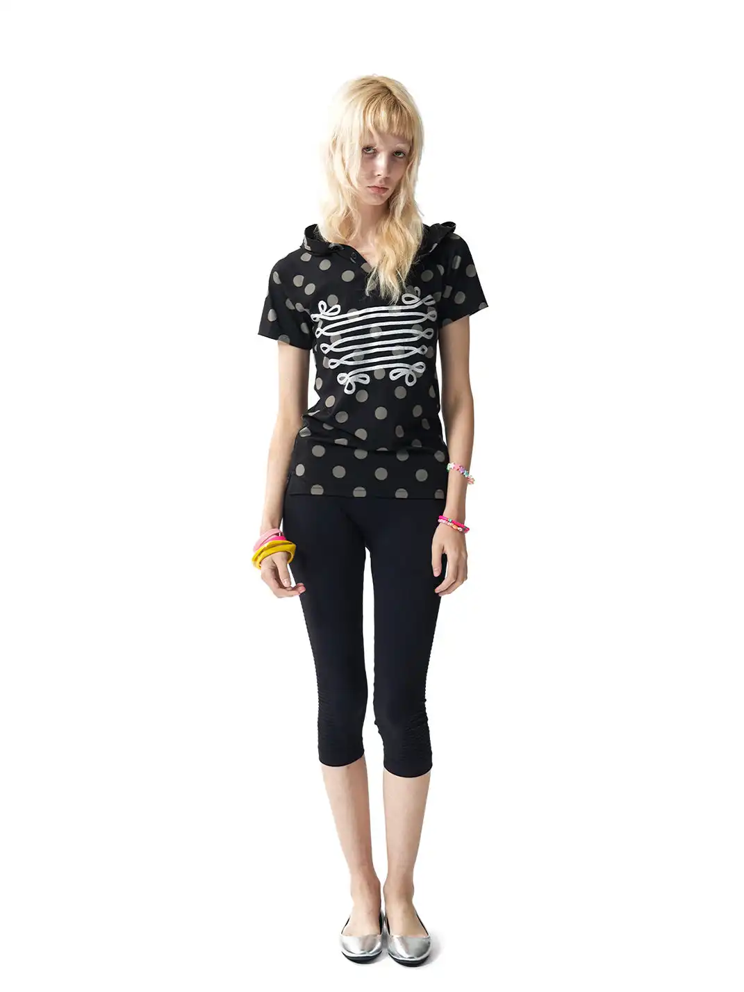 NumbAsia | Polka Dot Silver Foil Printed Hooded Short Sleeve T-Shirt
