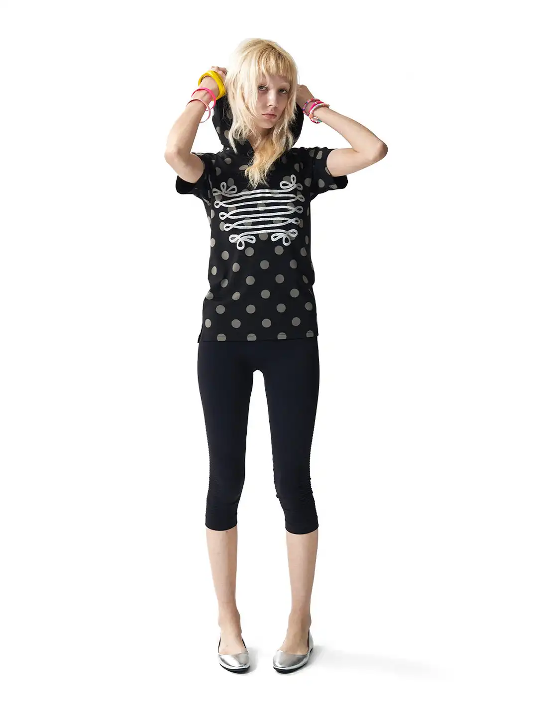 NumbAsia | Polka Dot Silver Foil Printed Hooded Short Sleeve T-Shirt