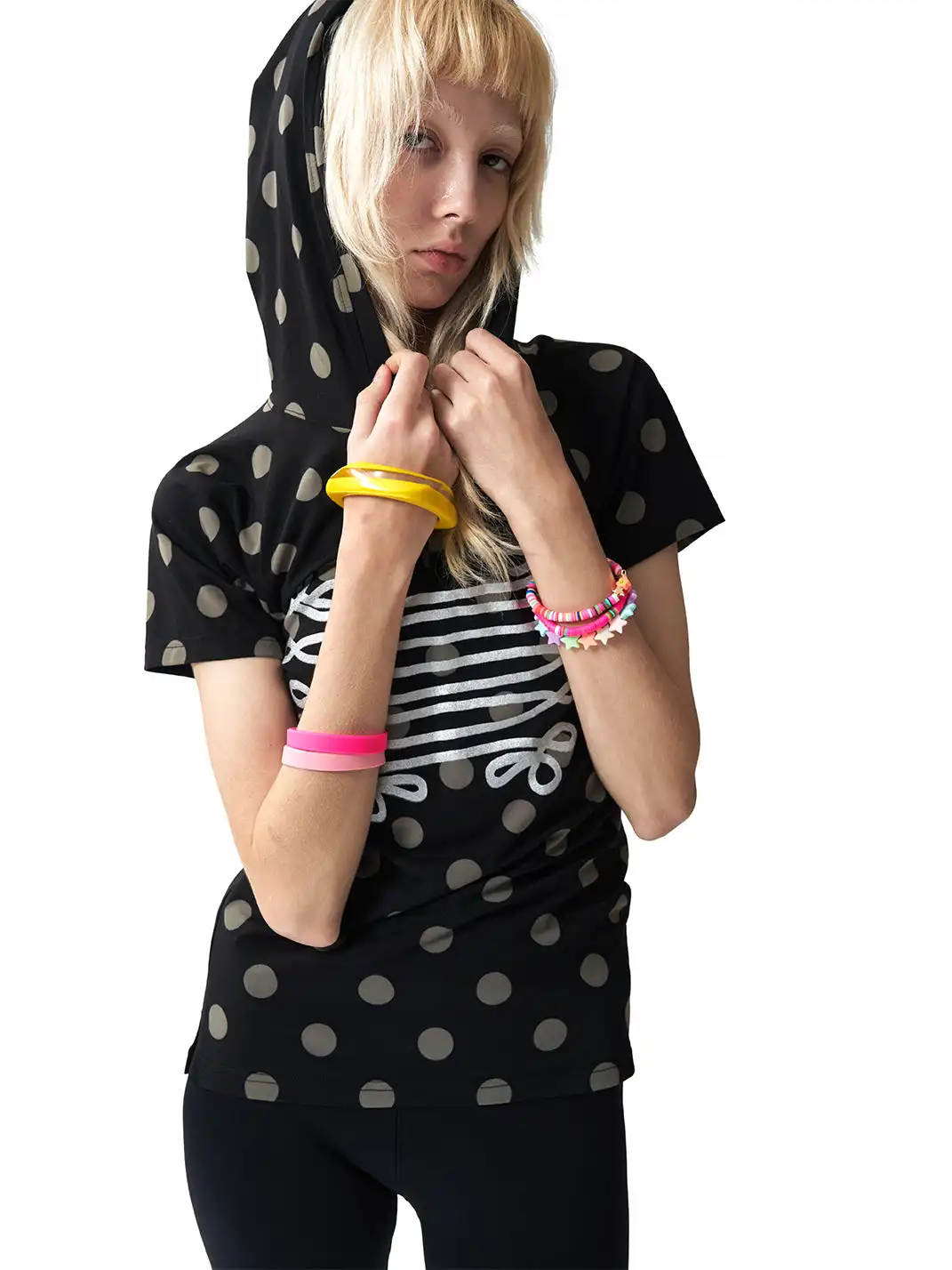 NumbAsia | Polka Dot Silver Foil Printed Hooded Short Sleeve T-Shirt