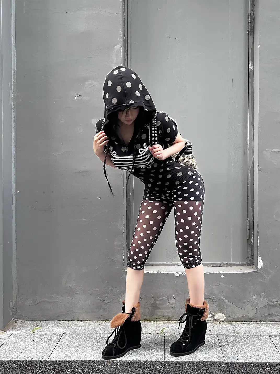 NumbAsia | Polka Dot Silver Foil Printed Hooded Short Sleeve T-Shirt