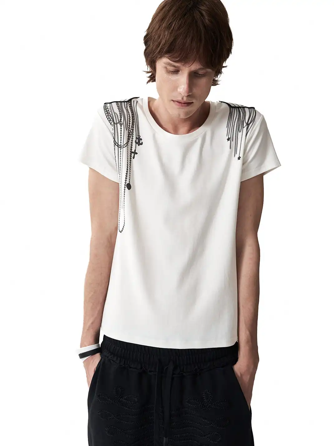 NumbAsia | Shoulder Chain Cross Printed Short Sleeve T-Shirt
