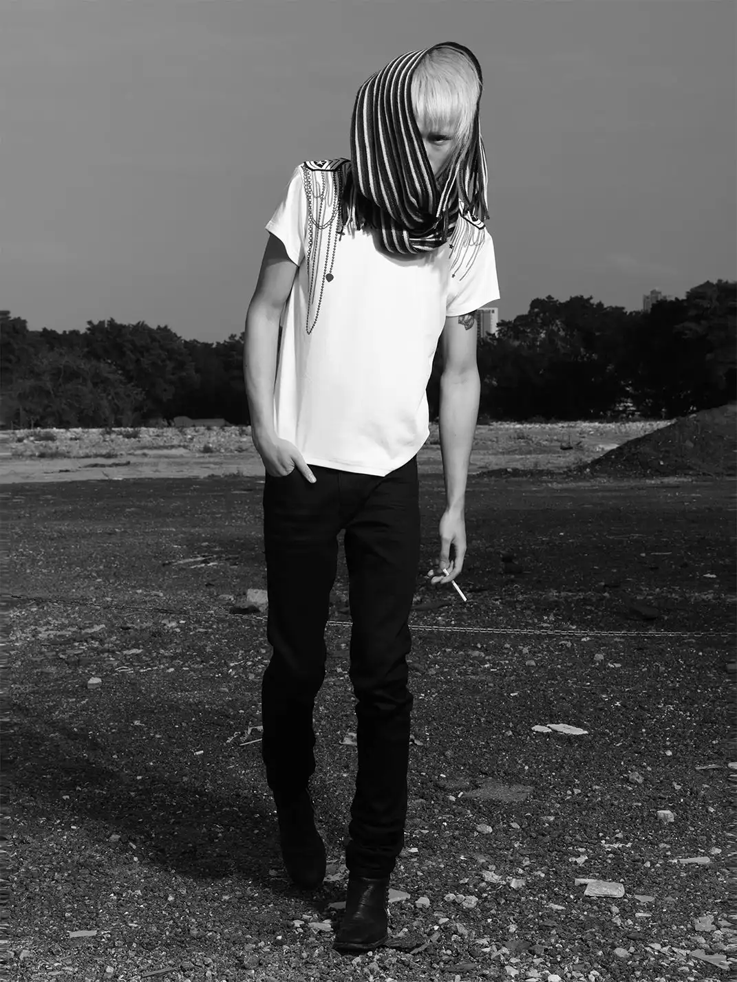 NumbAsia | Shoulder Chain Cross Printed Short Sleeve T-Shirt