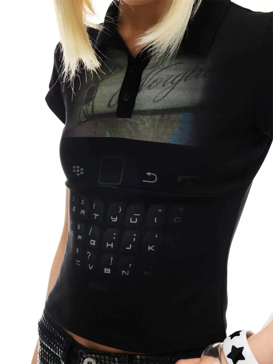 NORGIRA | Keyboard Print Neckline Embroidered Polo T-Shirt