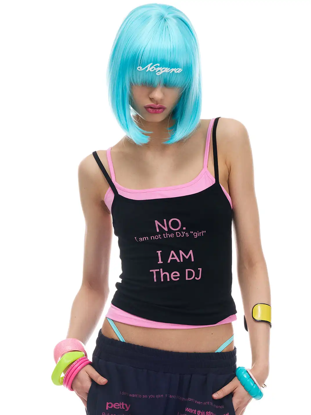 NORGIRA | Black And Pink Slogan Real Two-Piece Layered Cami Top