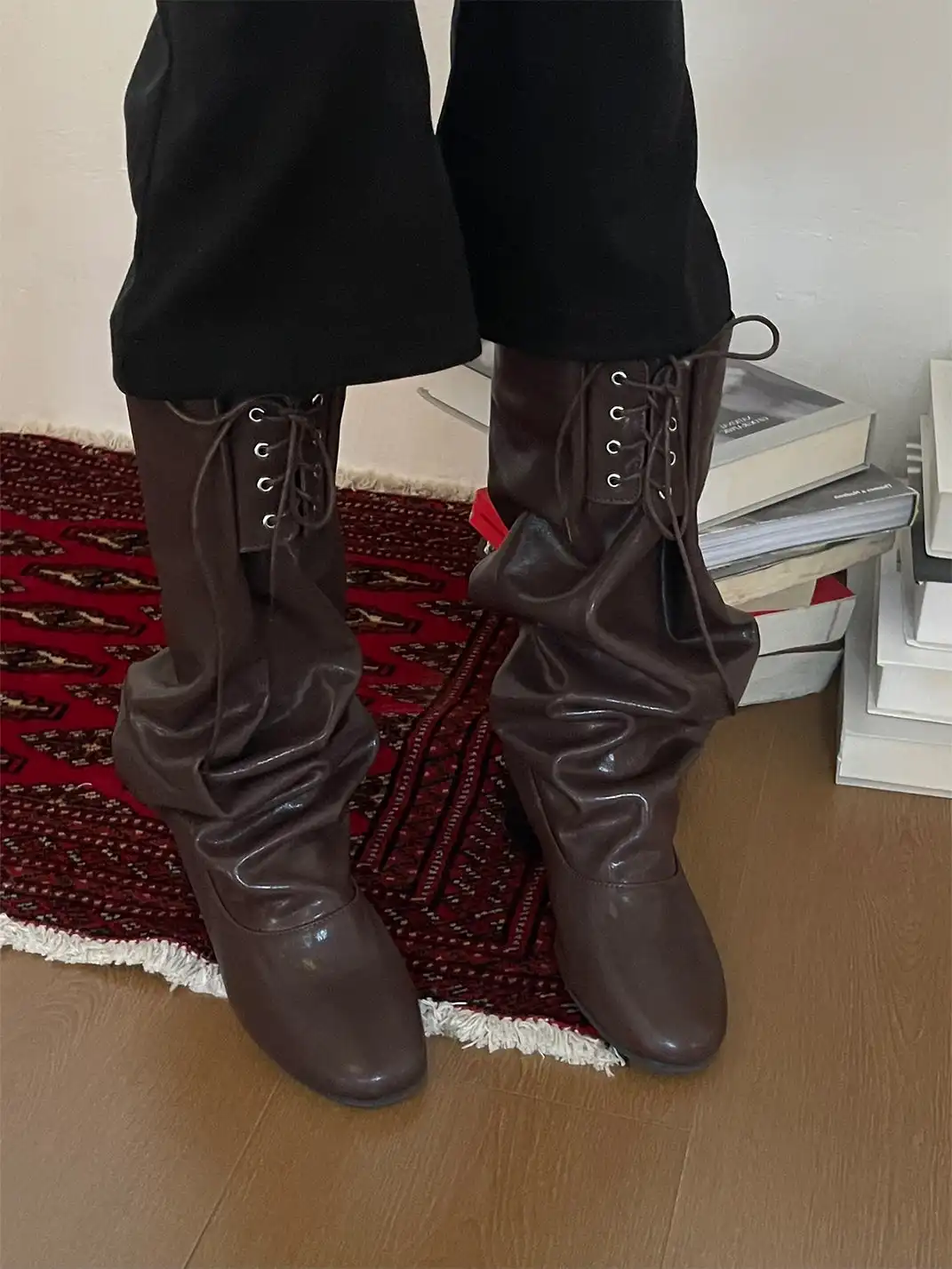 Inthemirror | Round Toe Lace-Up Ruched Slouchy Boots