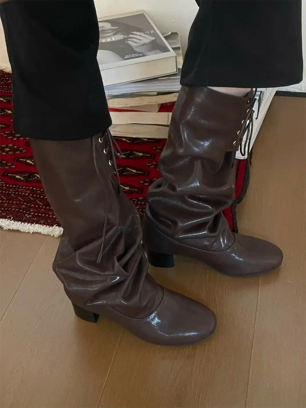 Inthemirror | Round Toe Lace-Up Ruched Slouchy Boots