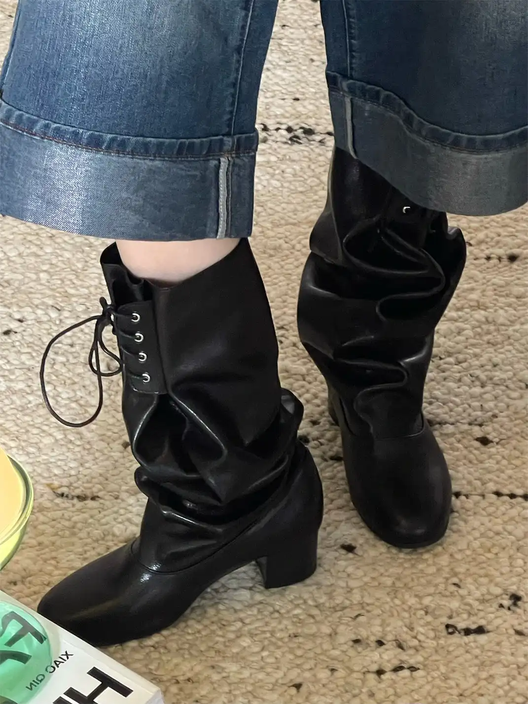 Inthemirror | Round Toe Lace-Up Ruched Slouchy Boots