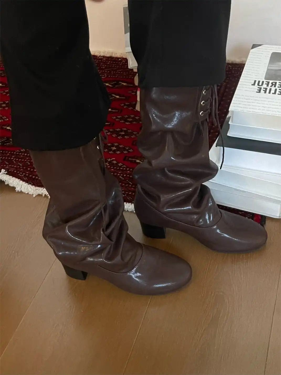 Inthemirror | Round Toe Lace-Up Ruched Slouchy Boots