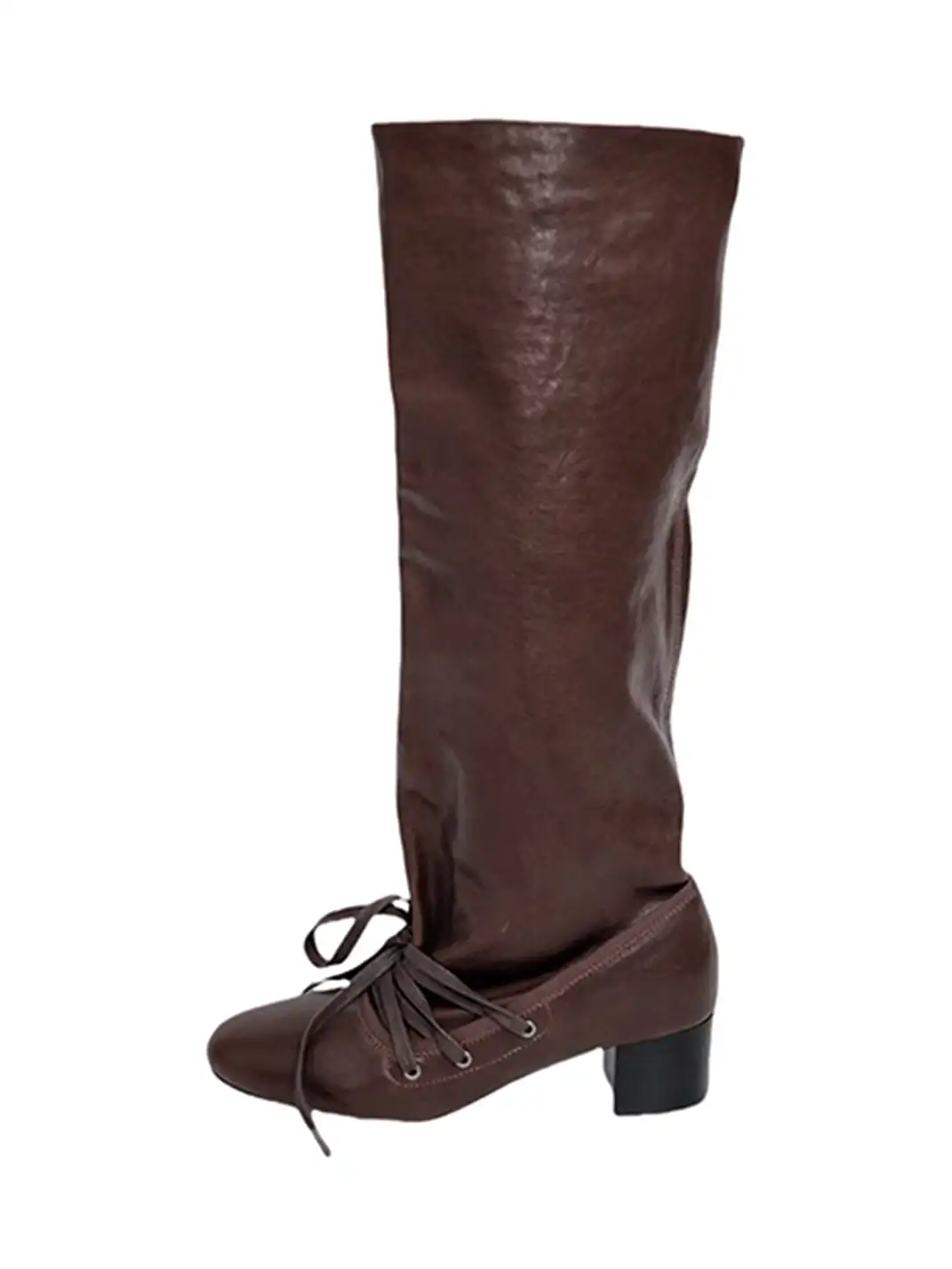 Inthemirror | Round Toe Lace-Up Ruched Slouchy Boots
