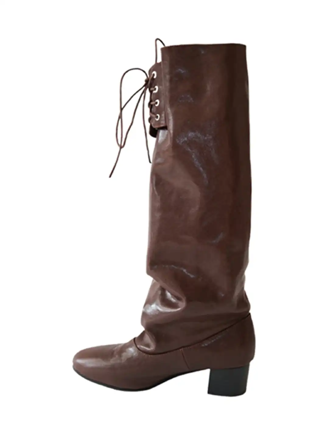 Inthemirror | Round Toe Lace-Up Ruched Slouchy Boots