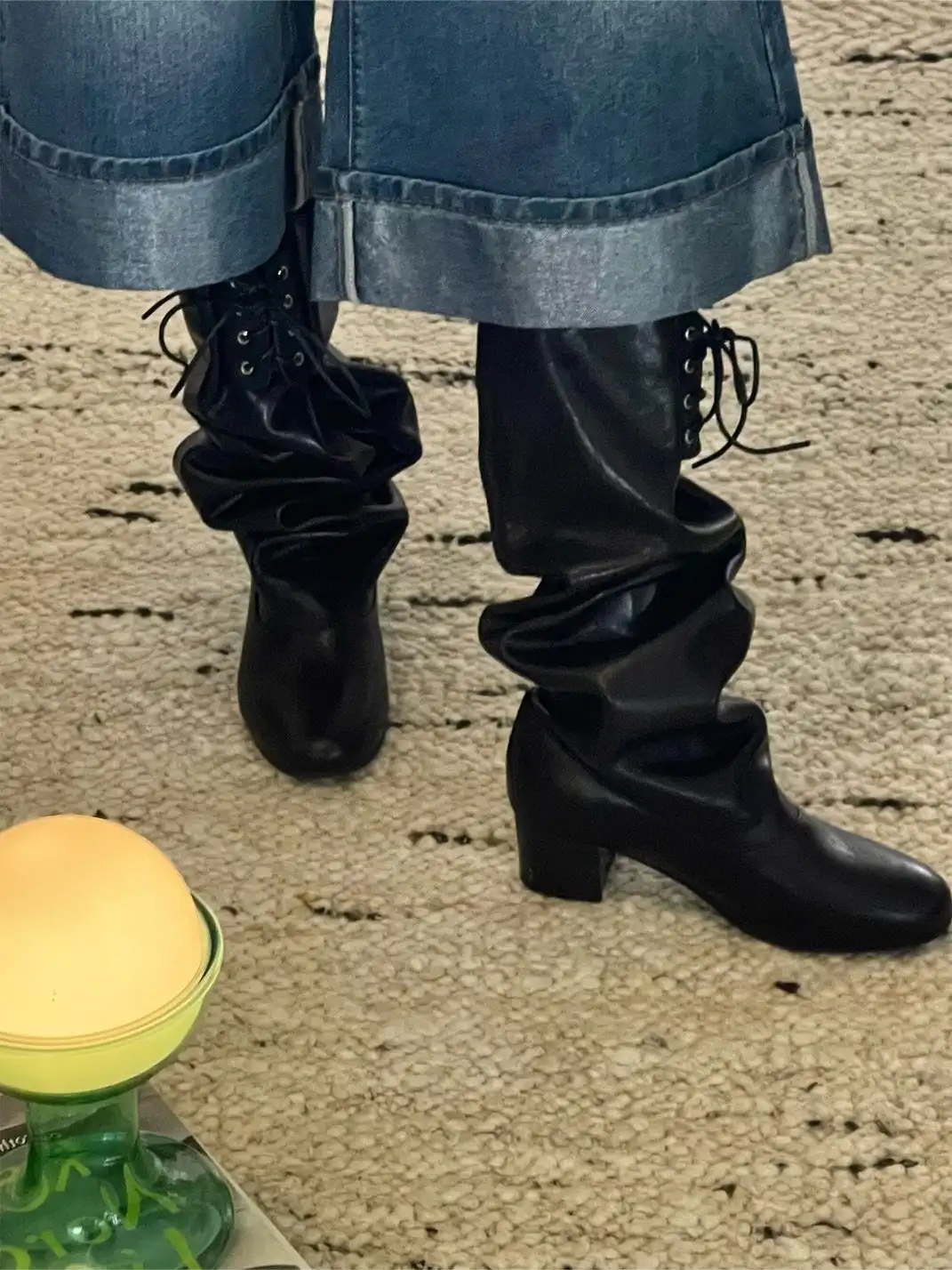 Inthemirror | Round Toe Lace-Up Ruched Slouchy Boots