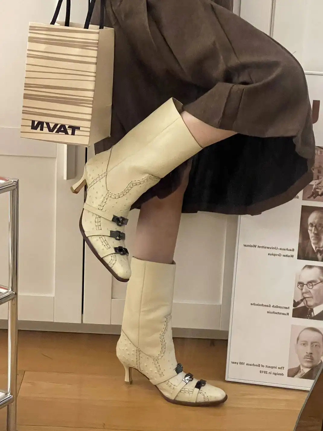 Inthemirror | Vintage Square Toe Metal Buckle Calf Boots