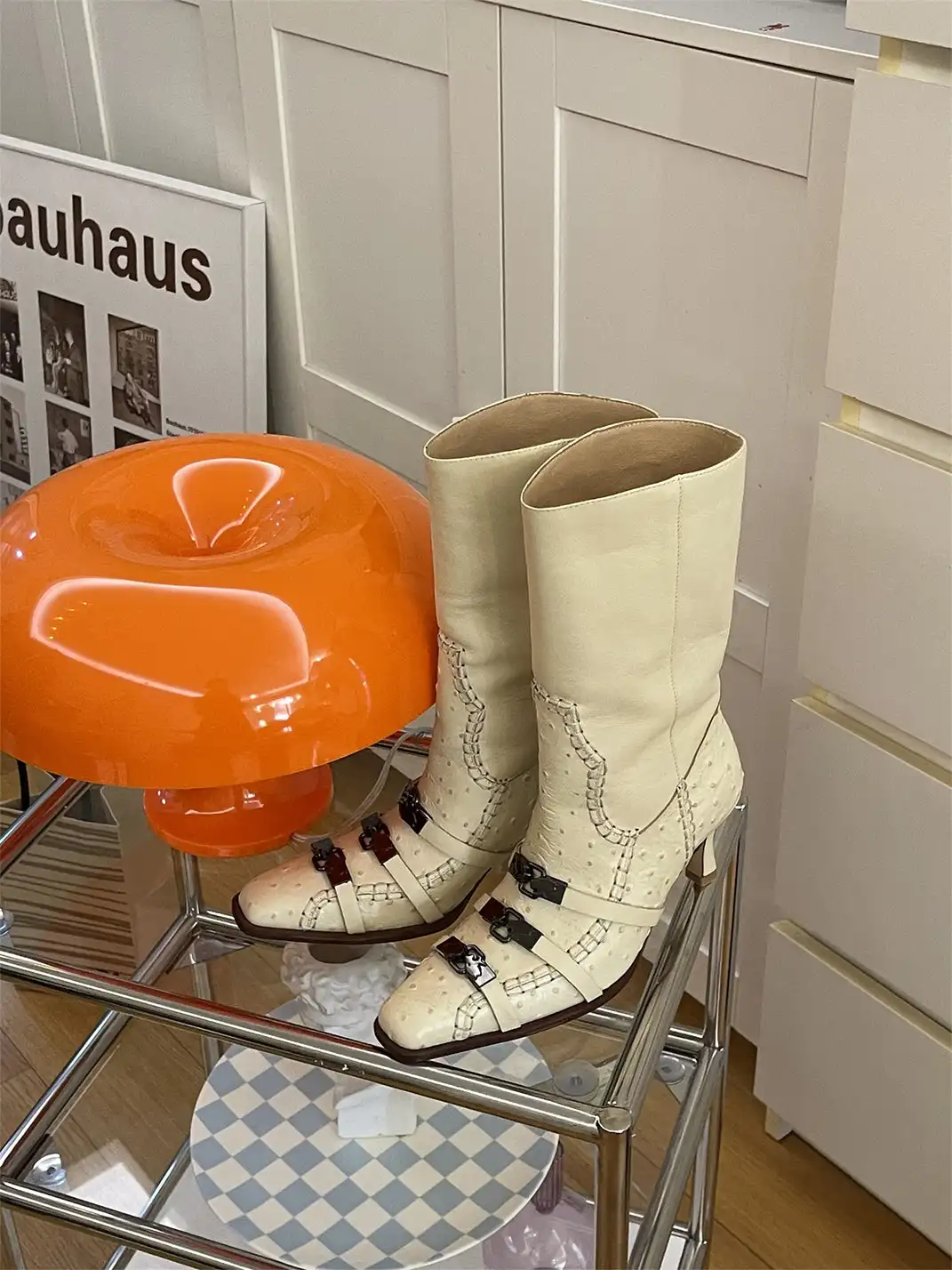 Inthemirror | Vintage Square Toe Metal Buckle Calf Boots