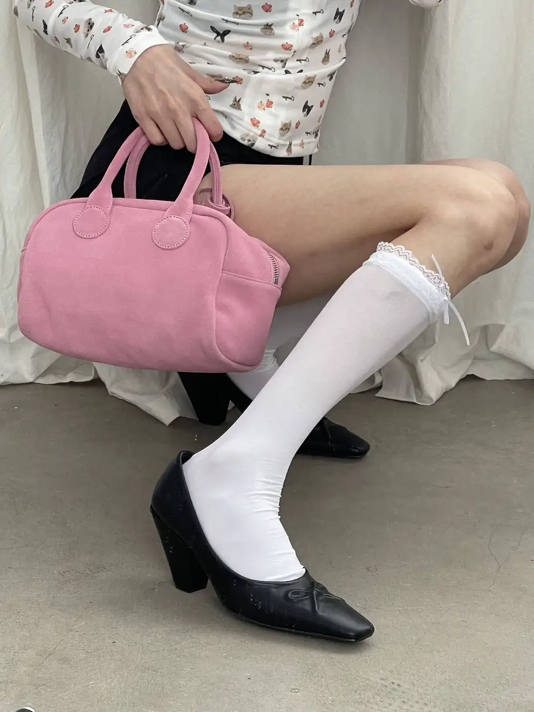 Inthemirror | Square Toe Genuine Leather Bow Print High Heels