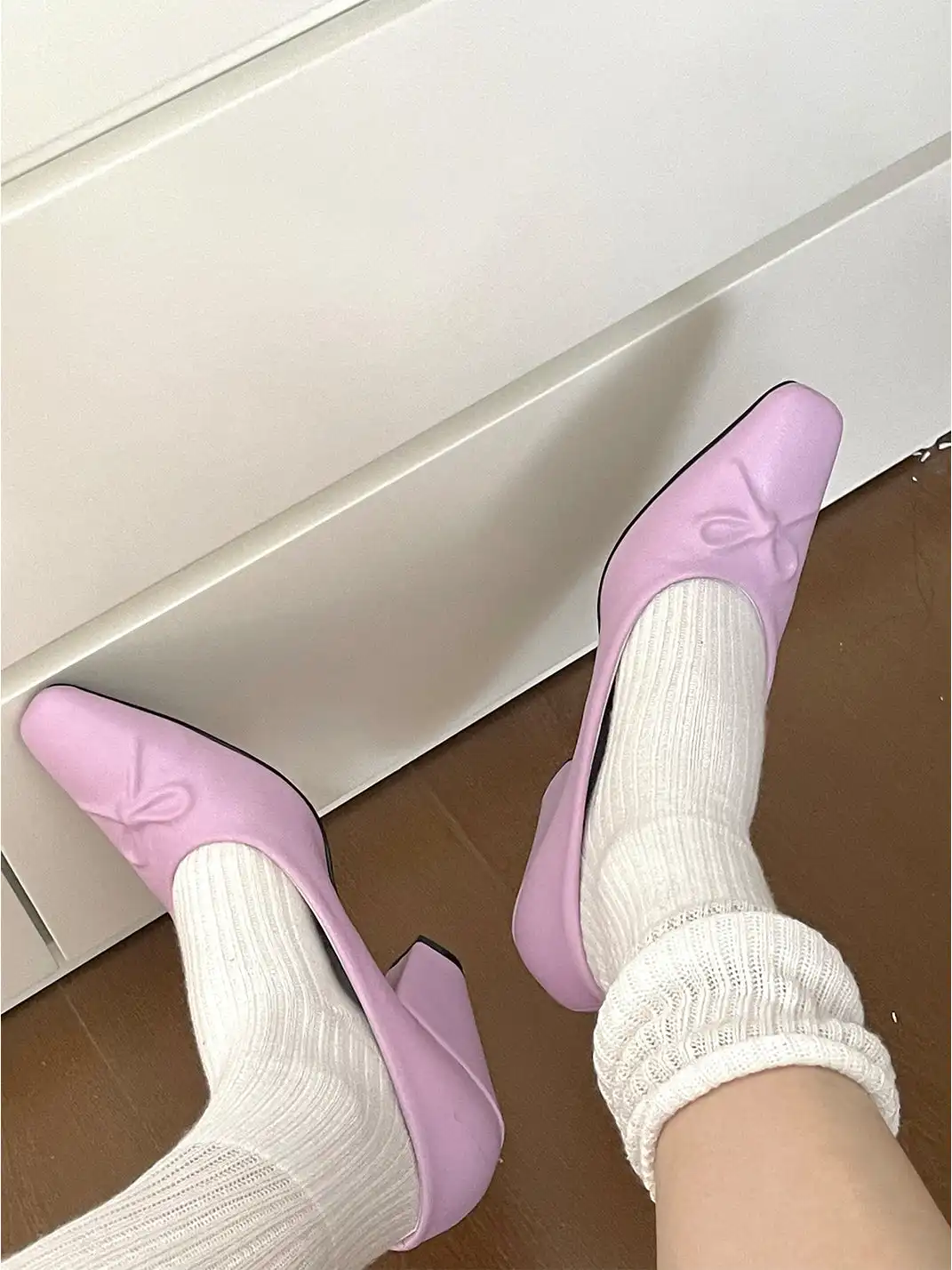 Inthemirror | Square Toe Genuine Leather Bow Print High Heels
