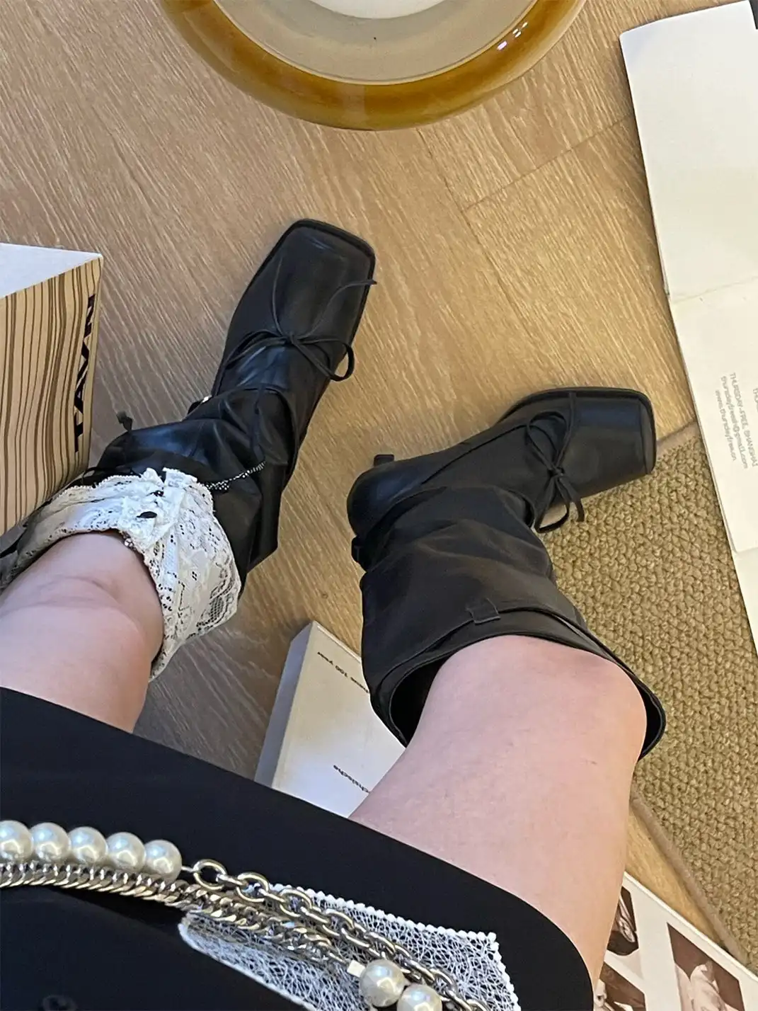 Inthemirror | Square Toe Ballet Bow Genuine Leather Long Boots