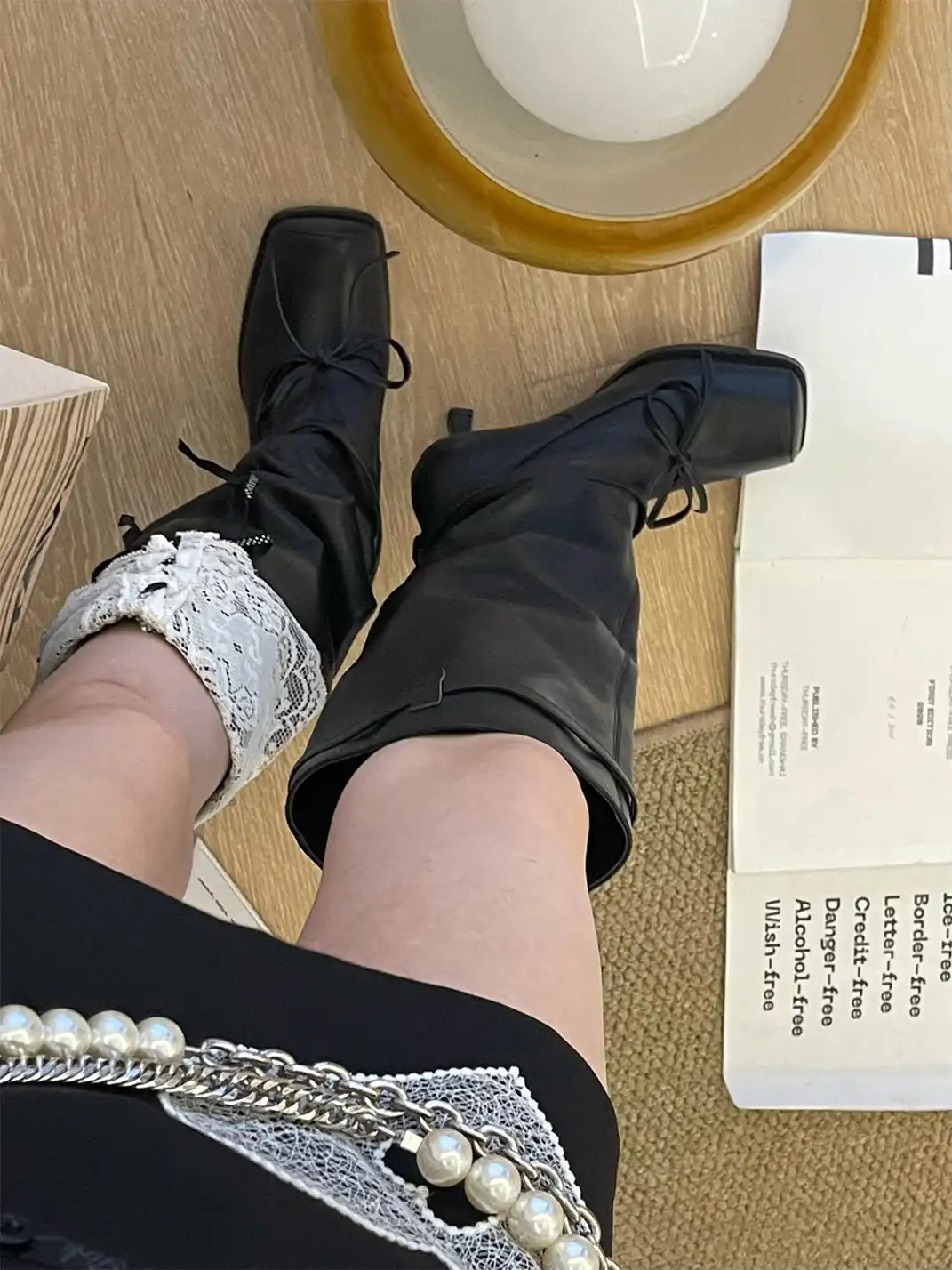 Inthemirror | Square Toe Ballet Bow Genuine Leather Long Boots