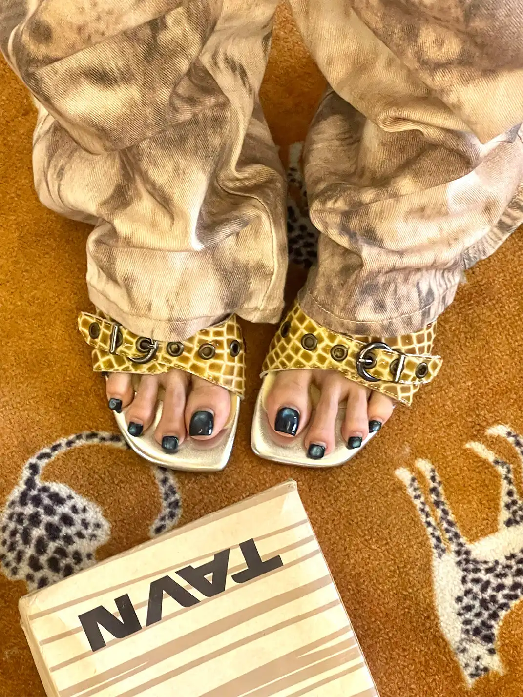 Inthemirror | Square Toe Snake Pattern Color Block Heeled Slippers