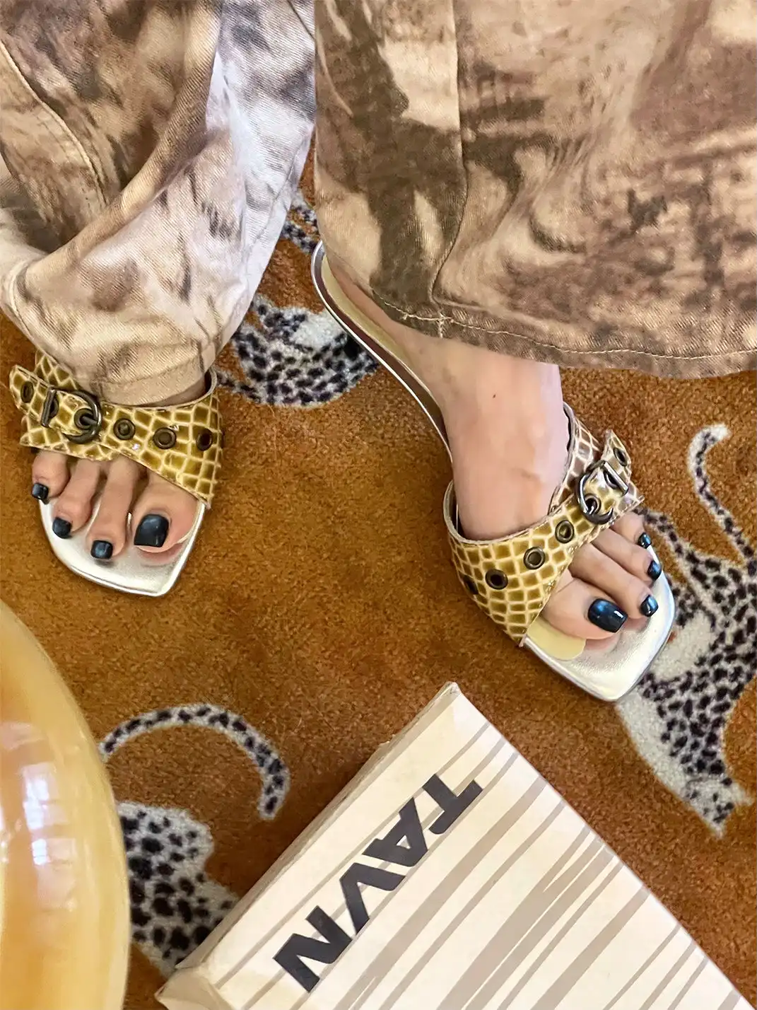 Inthemirror | Square Toe Snake Pattern Color Block Heeled Slippers