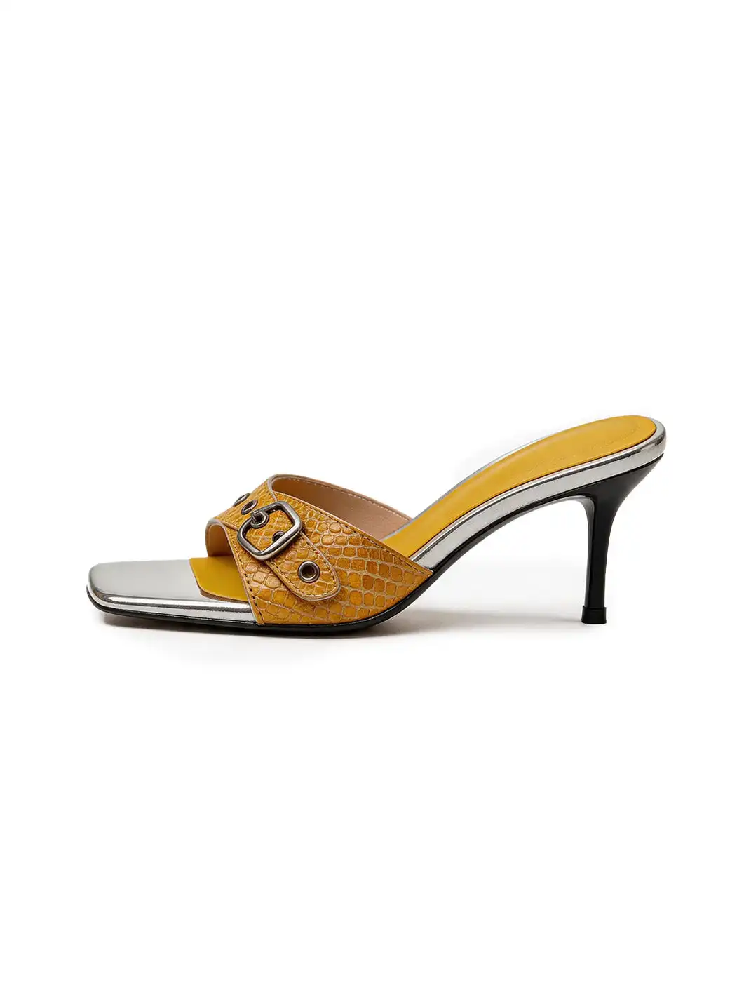 Inthemirror | Square Toe Snake Pattern Color Block Heeled Slippers