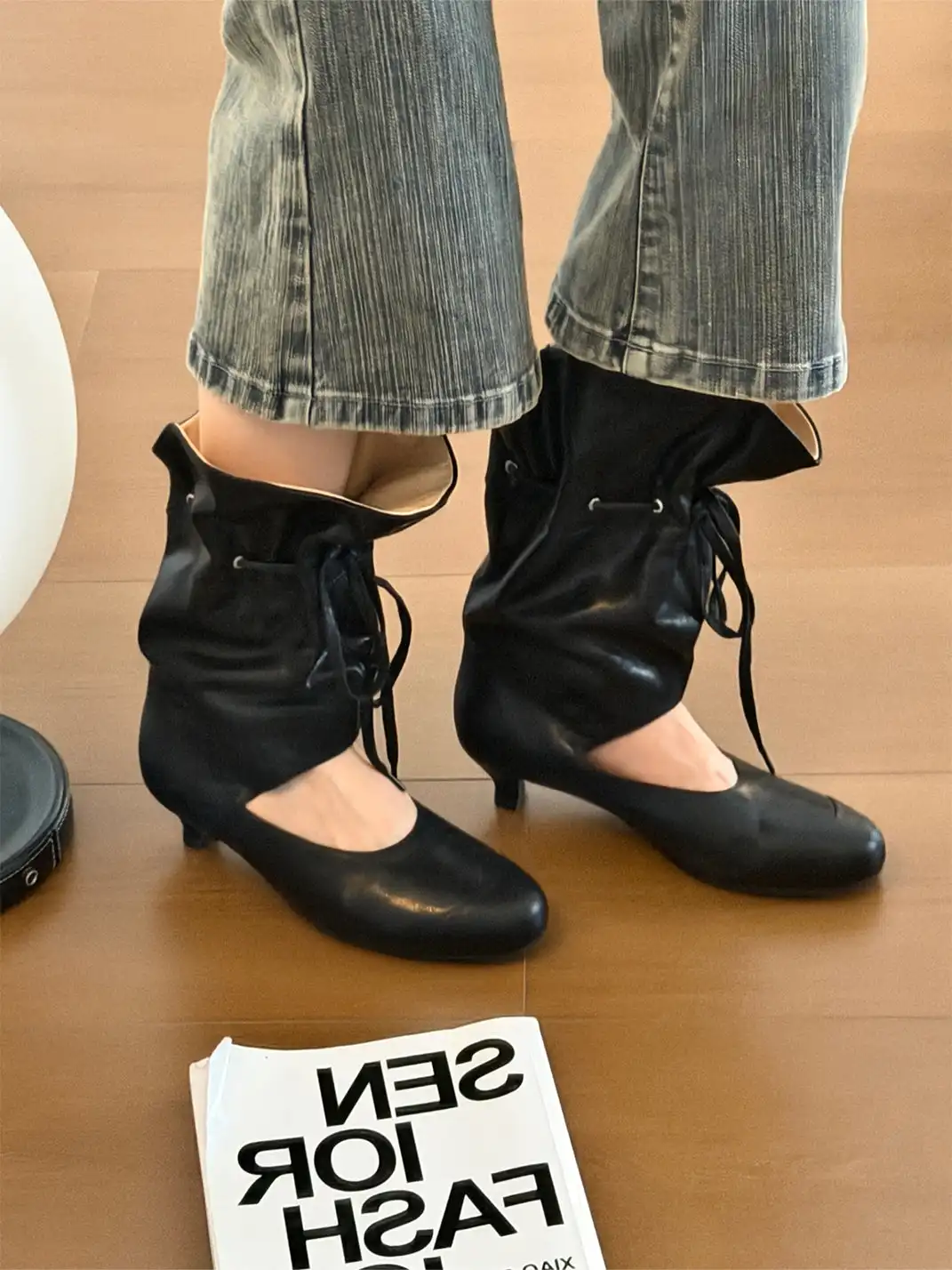 Inthemirror | Round Toe Mid-Calf Lace-Up Sandal Boots