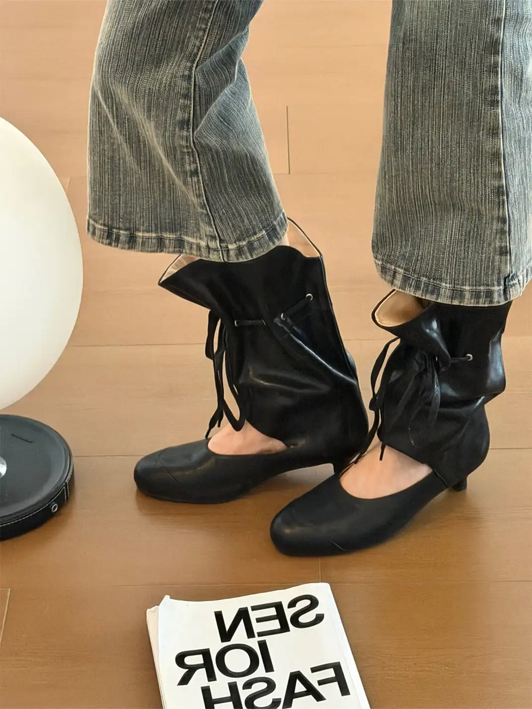Inthemirror | Round Toe Mid-Calf Lace-Up Sandal Boots