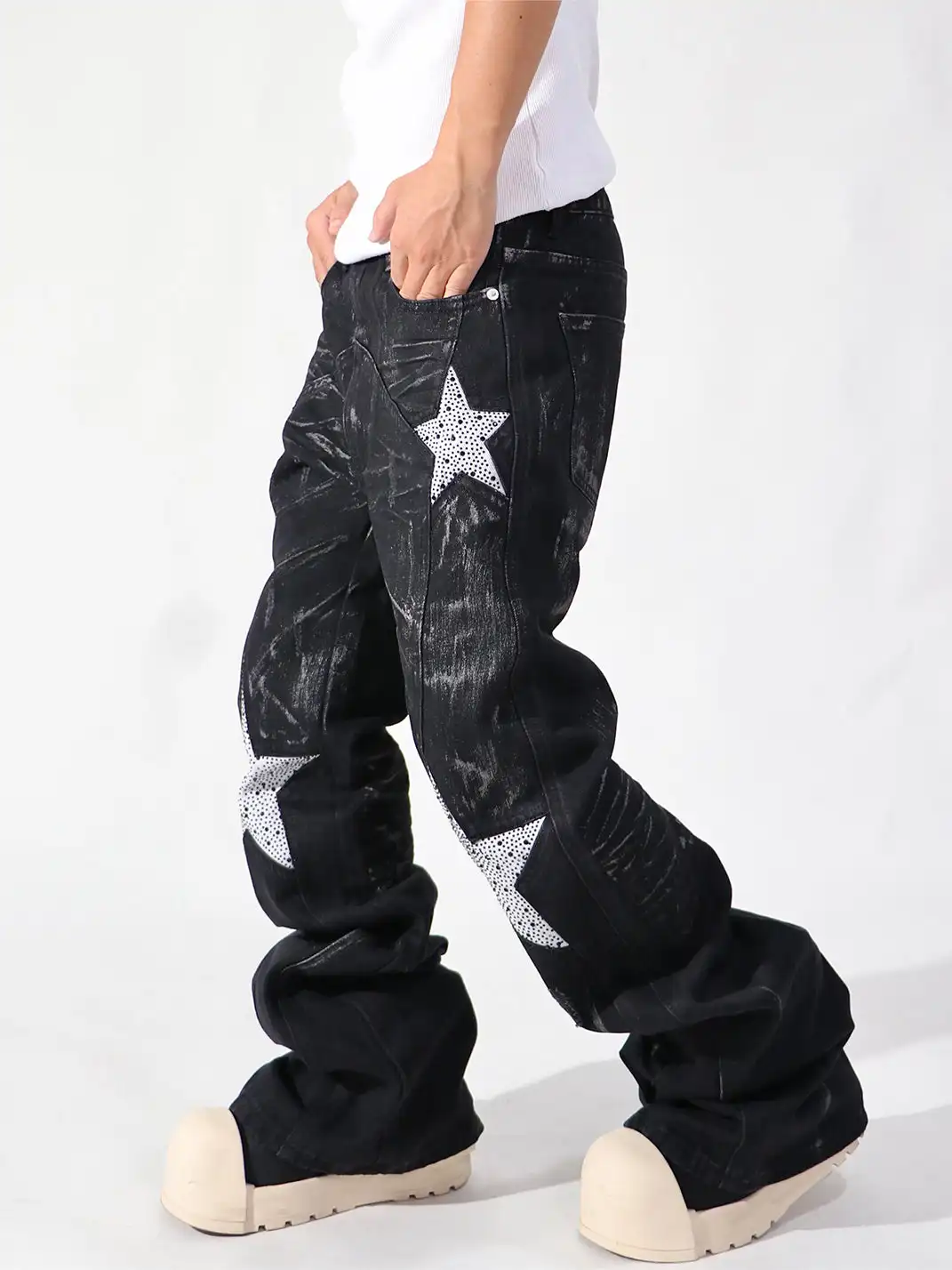 YIZILINGF | Rhinestone Pentagram Flare Jeans
