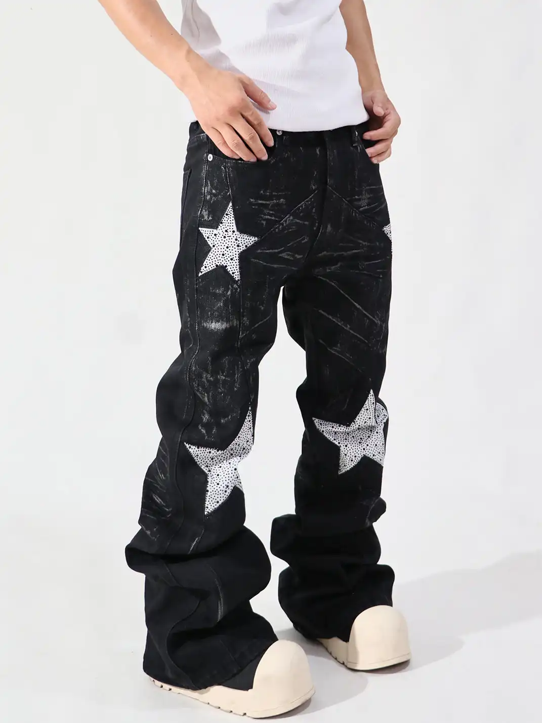 YIZILINGF | Rhinestone Pentagram Flare Jeans