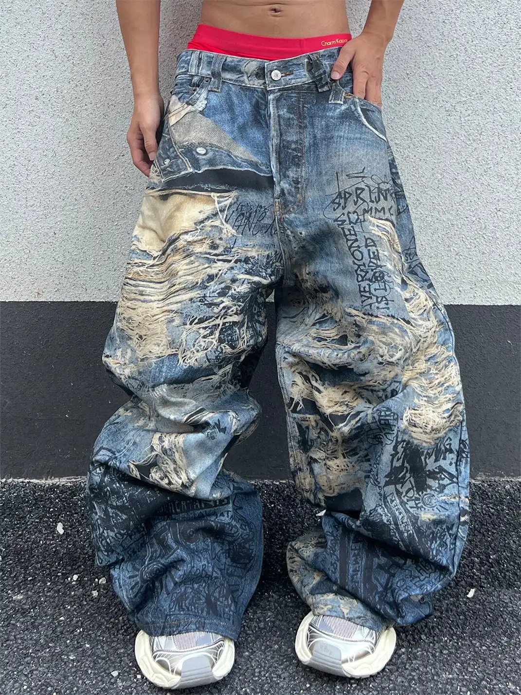 YIZILINGF | Ripped Trompe L'oeil 3D Printed Jeans
