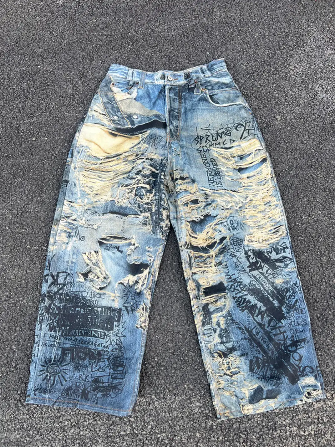 YIZILINGF | Ripped Trompe L'oeil 3D Printed Jeans