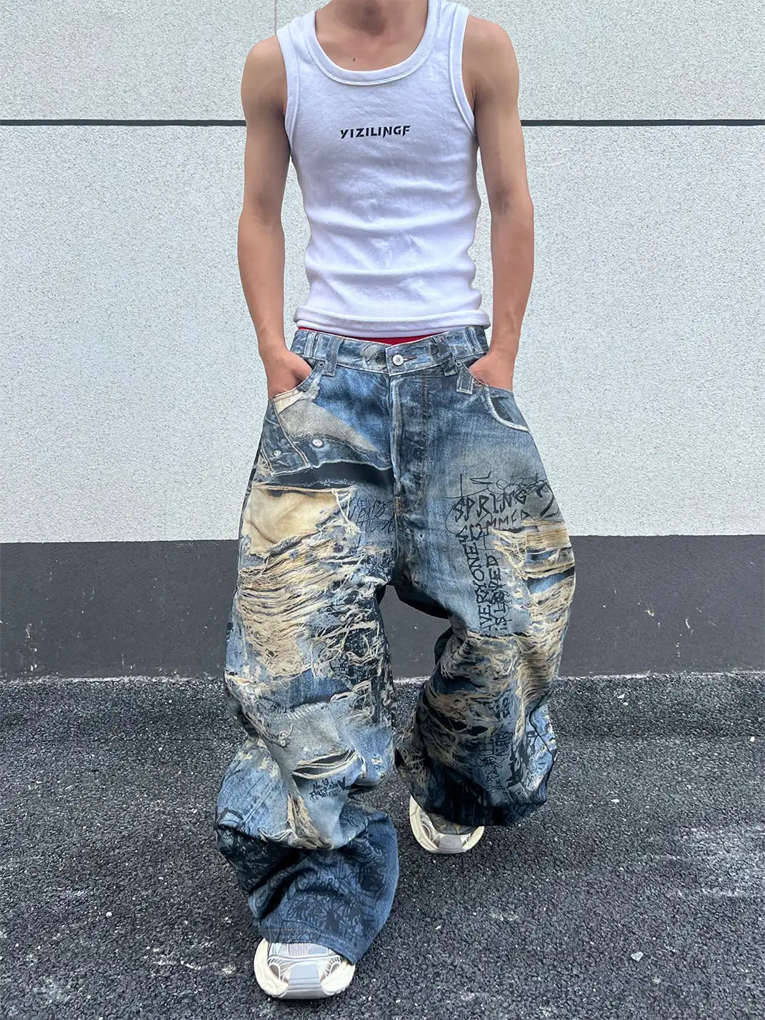 YIZILINGF | Ripped Trompe L'oeil 3D Printed Jeans