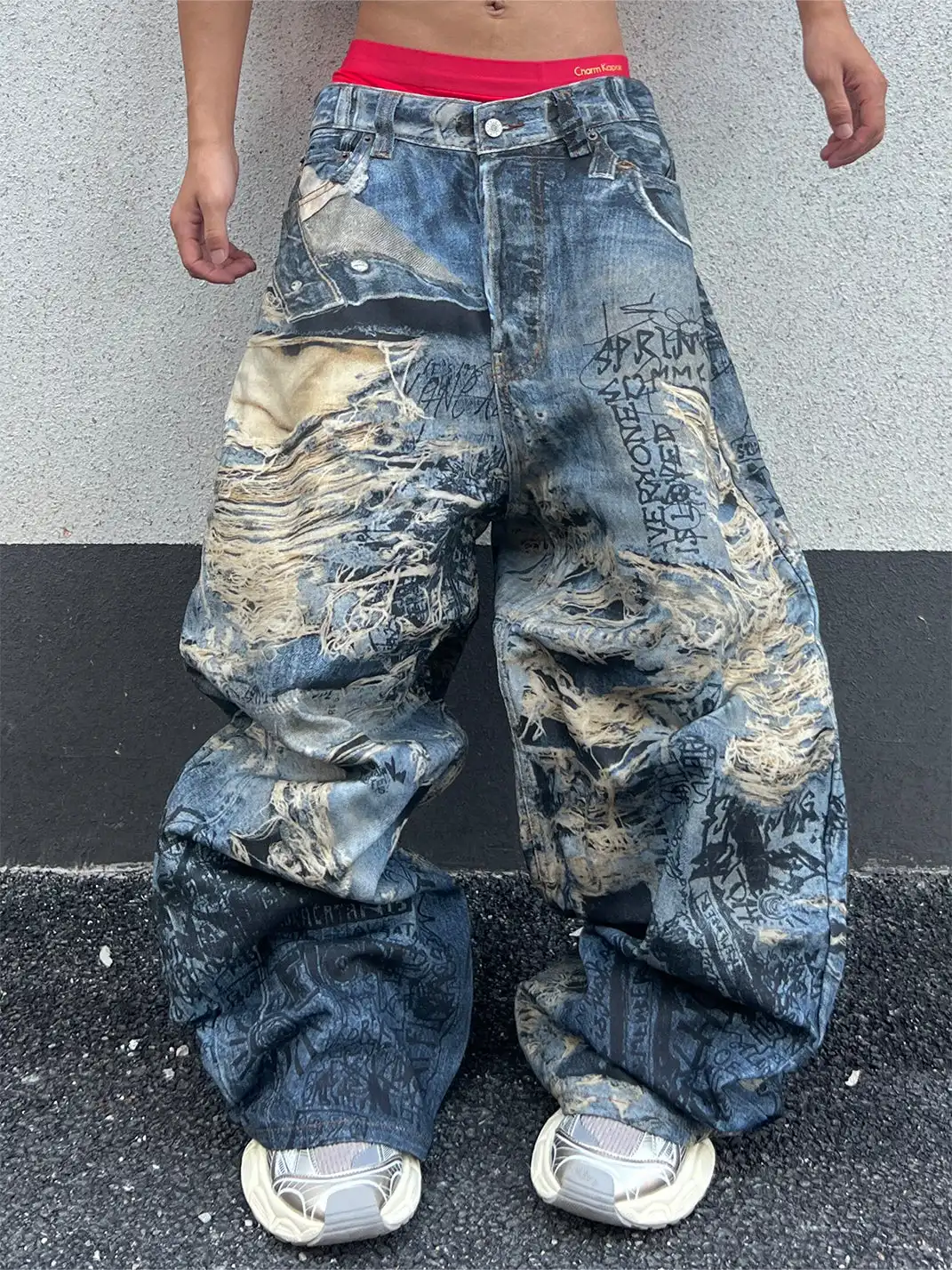 YIZILINGF | Ripped Trompe L'oeil 3D Printed Jeans