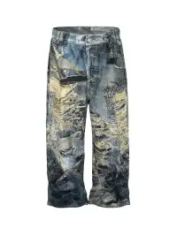 YIZILINGF | Ripped Trompe L'oeil 3D Printed Jeans