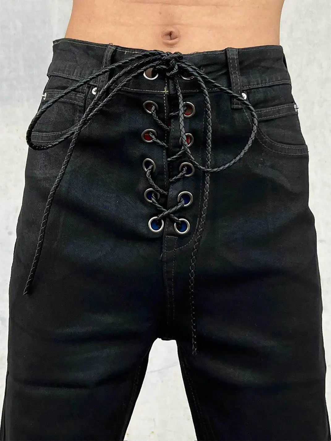 YIZILINGF | Ribbon Waxed Coated Flare Jeans