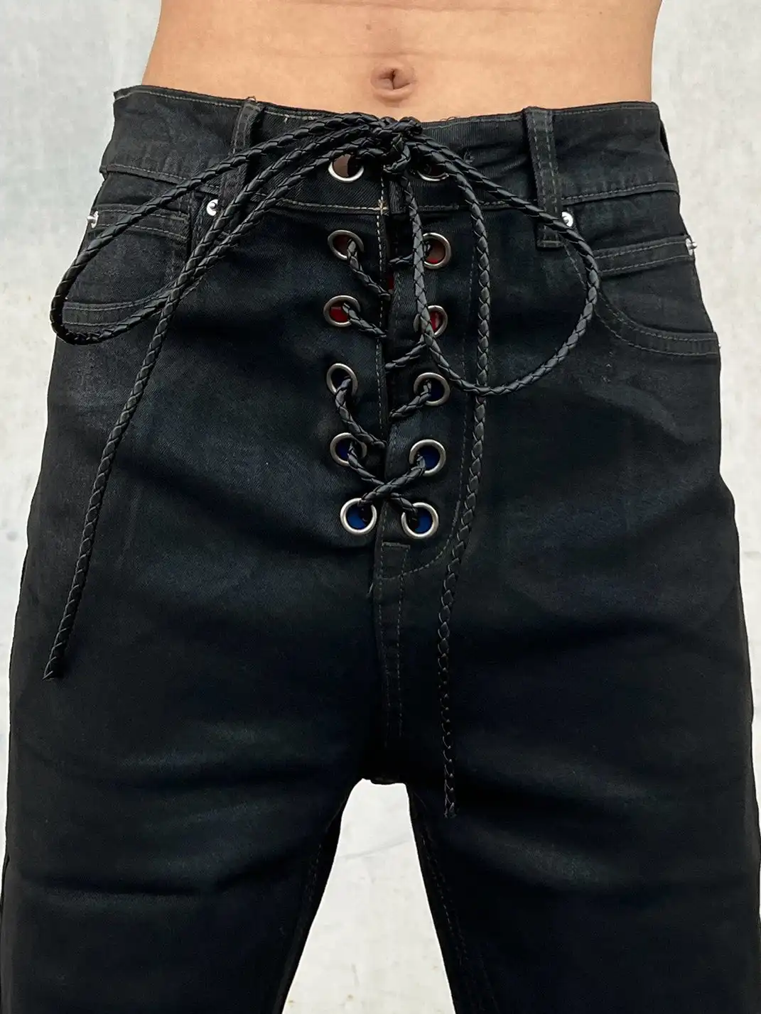 YIZILINGF | Ribbon Waxed Coated Flare Jeans
