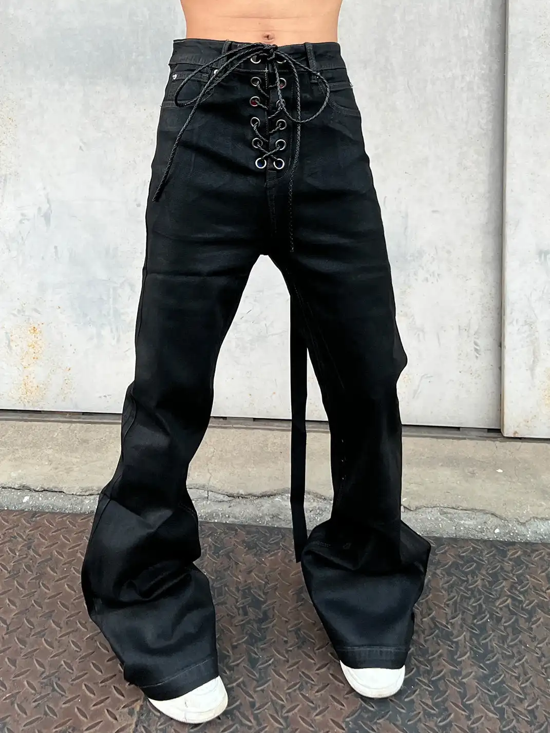 YIZILINGF | Ribbon Waxed Coated Flare Jeans