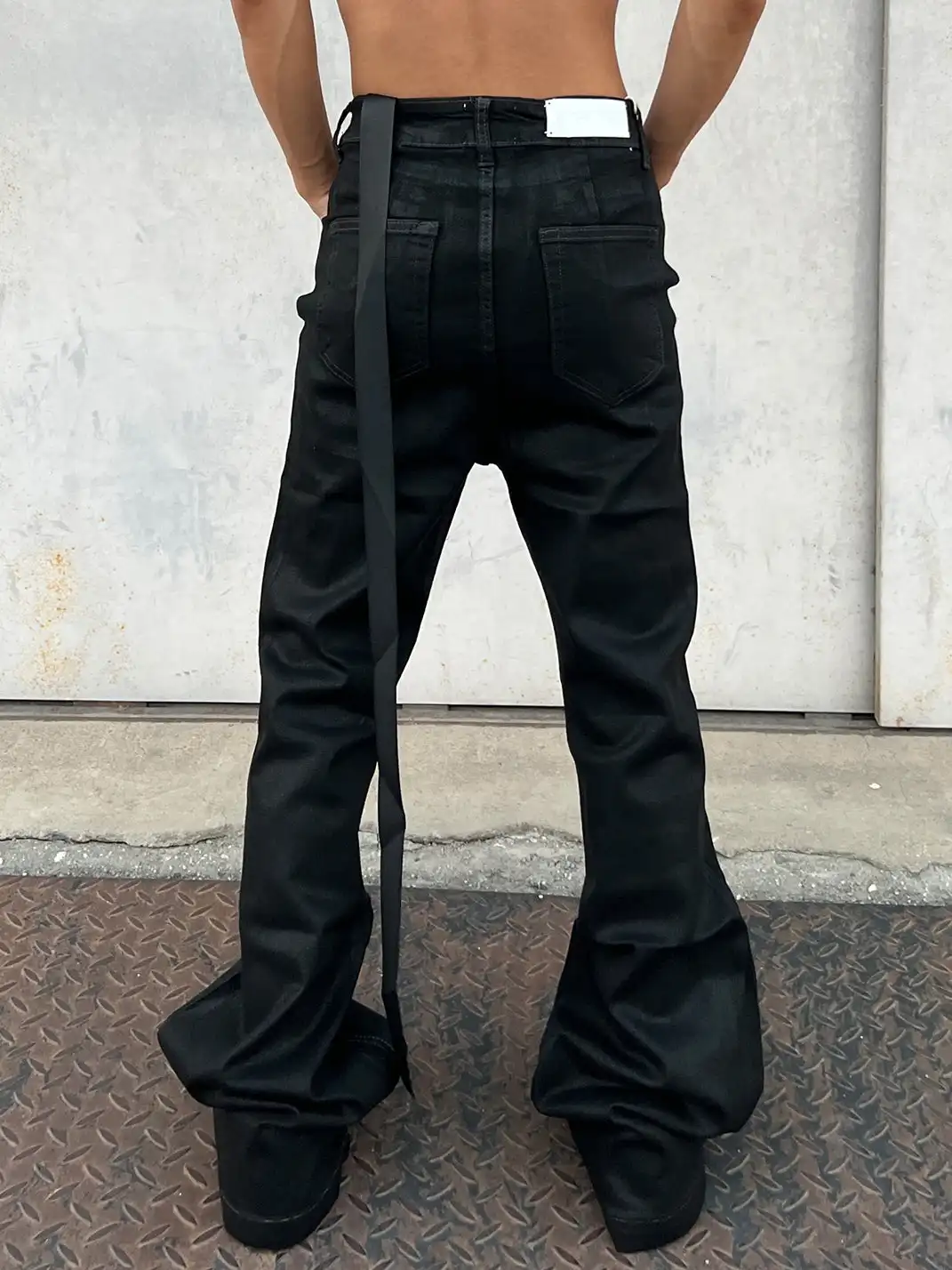 YIZILINGF | Ribbon Waxed Coated Flare Jeans