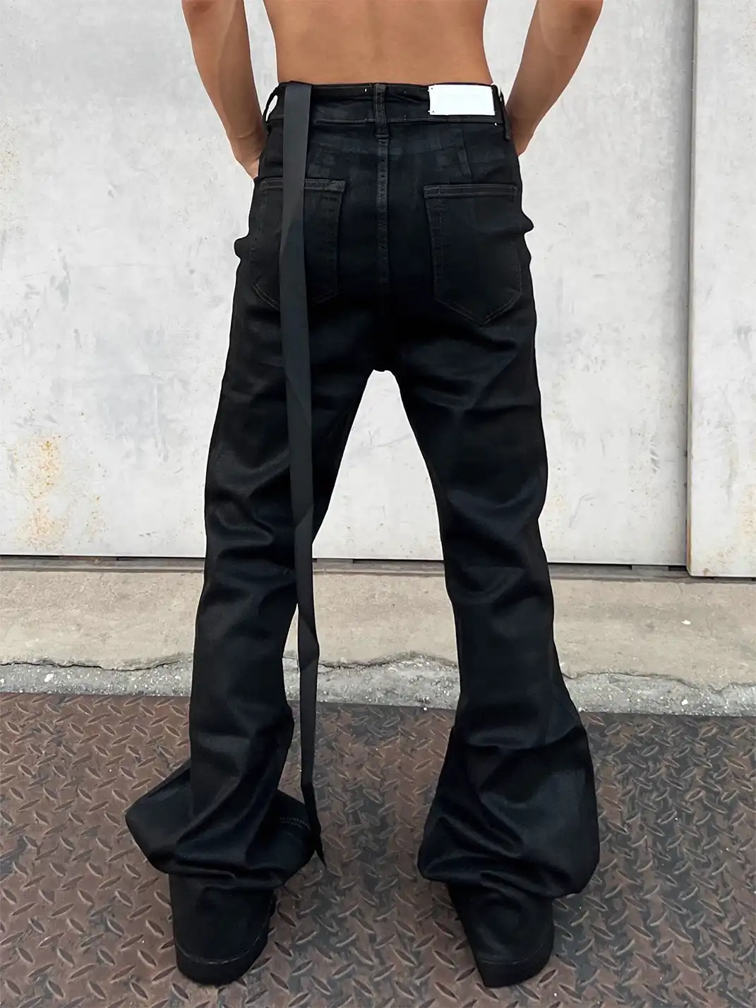 YIZILINGF | Ribbon Waxed Coated Flare Jeans