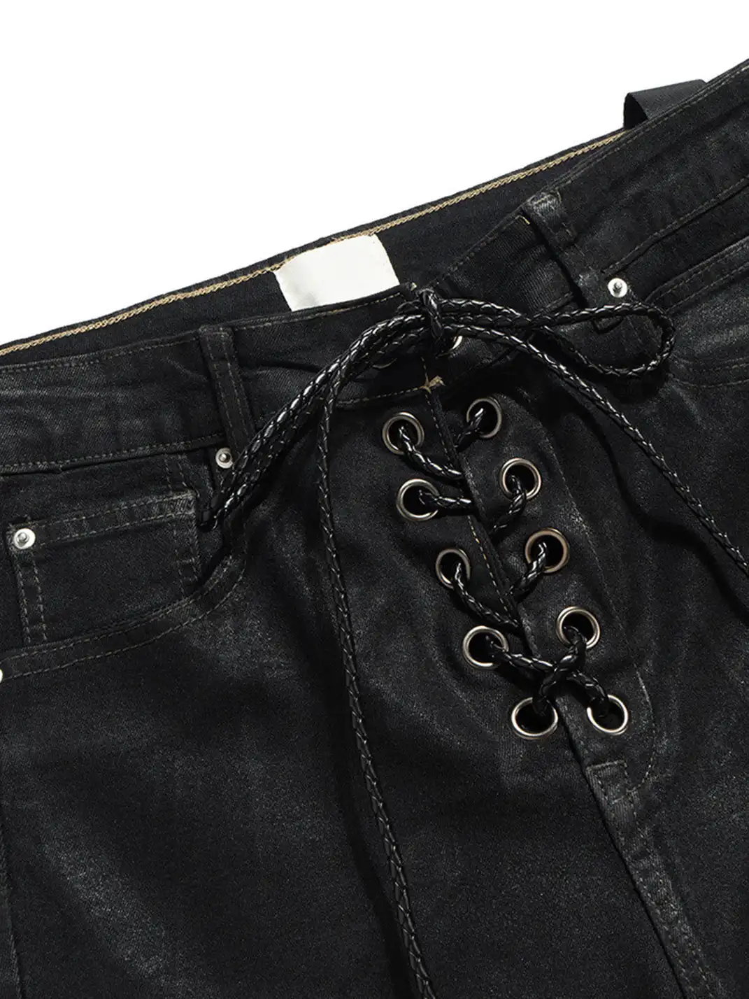 YIZILINGF | Ribbon Waxed Coated Flare Jeans