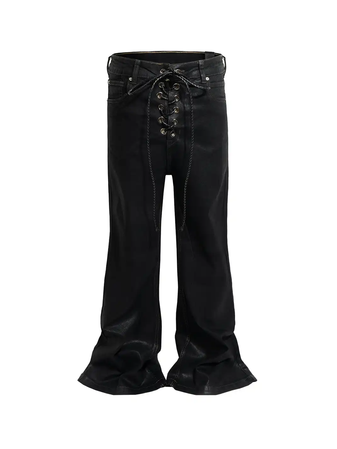 YIZILINGF | Ribbon Waxed Coated Flare Jeans