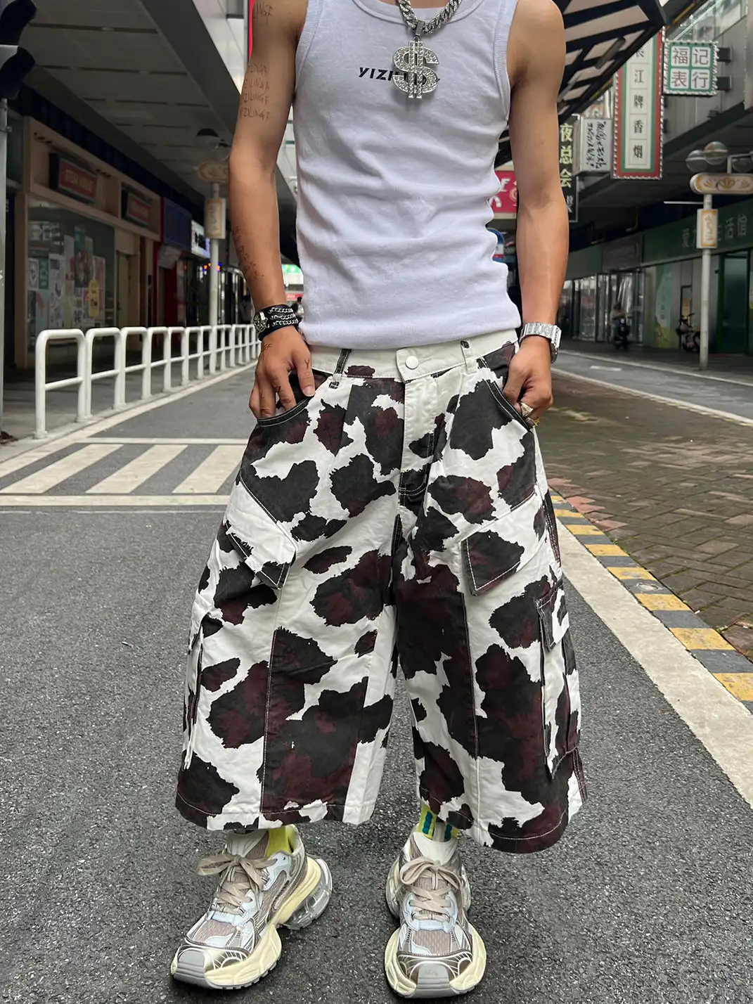 YIZILINGF | Cow Pattern Denim Capri Pants